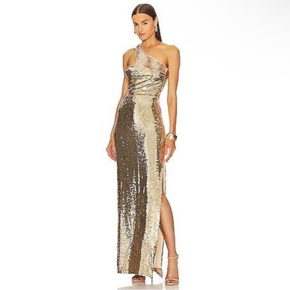 Amanda Uprichard × REVOLVE Mckay Cutout One Shoulder Gown in Gold Sequin NEW - Picture 3 of 9